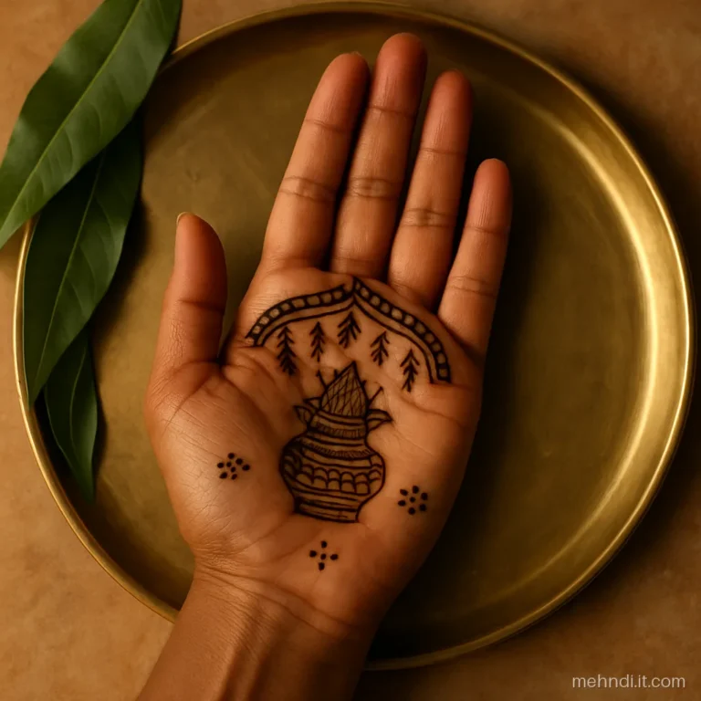 Palm with a kalash, a toran arch above and swastik dots for a house warming