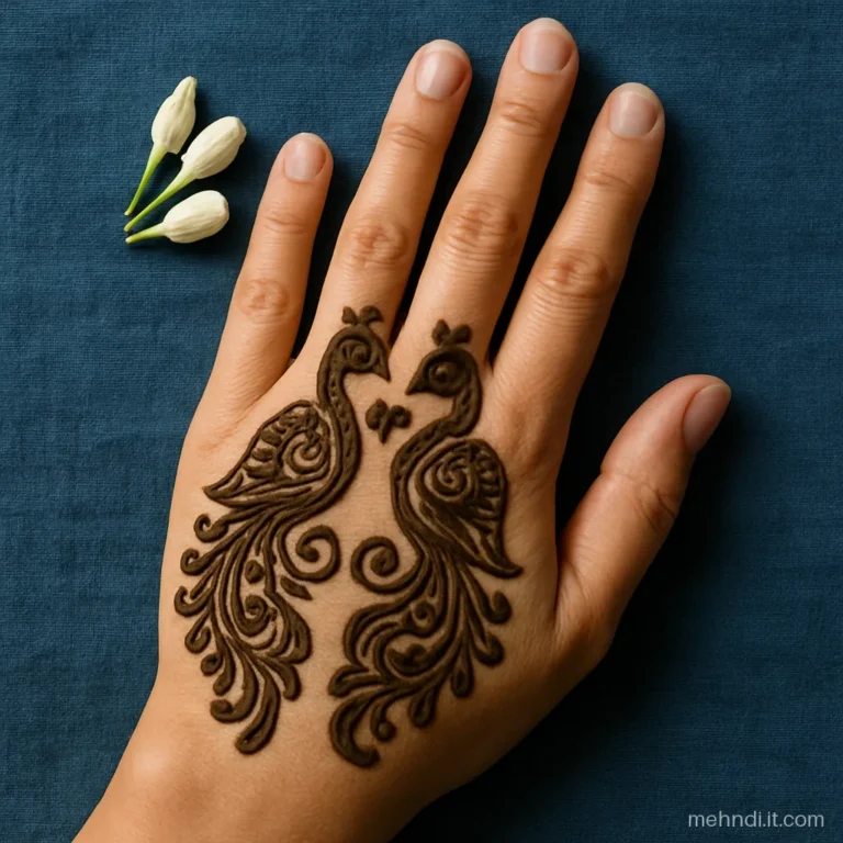 Back of hand with two peacocks facing each other around a small heart
