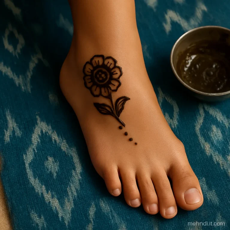 Round flower on the outer ankle bone with a small dot trail