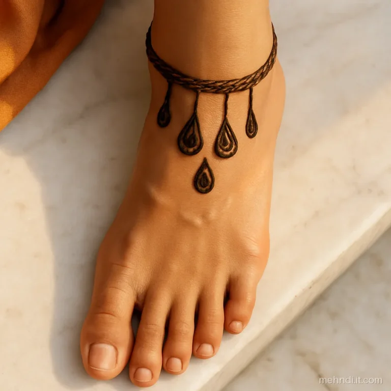 Rope band on the ankle with teardrop drops falling onto the foot