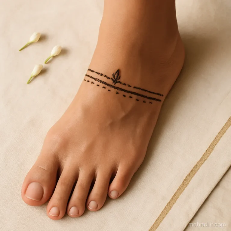 Thin dotted henna band around the front of a woman's ankle
