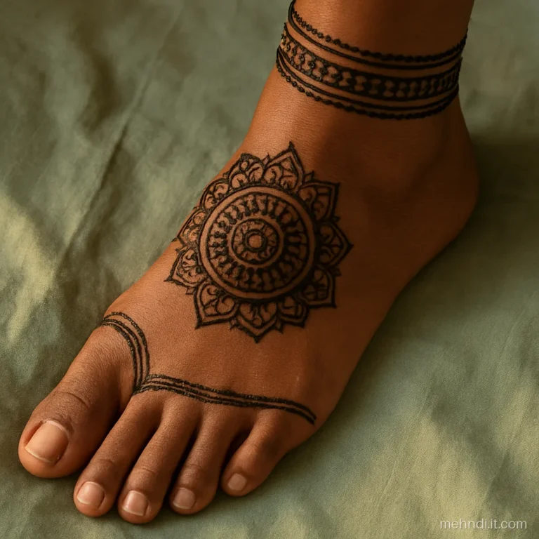 Bridal foot with solid sole edge, instep mandala and stacked bands