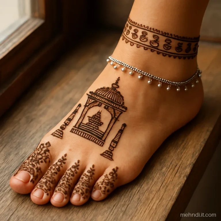 Small palanquin with shehnai on a bride's foot and kalash ankle band