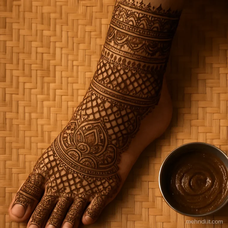 Dense bridal henna covering a bride's foot and lower leg to mid calf