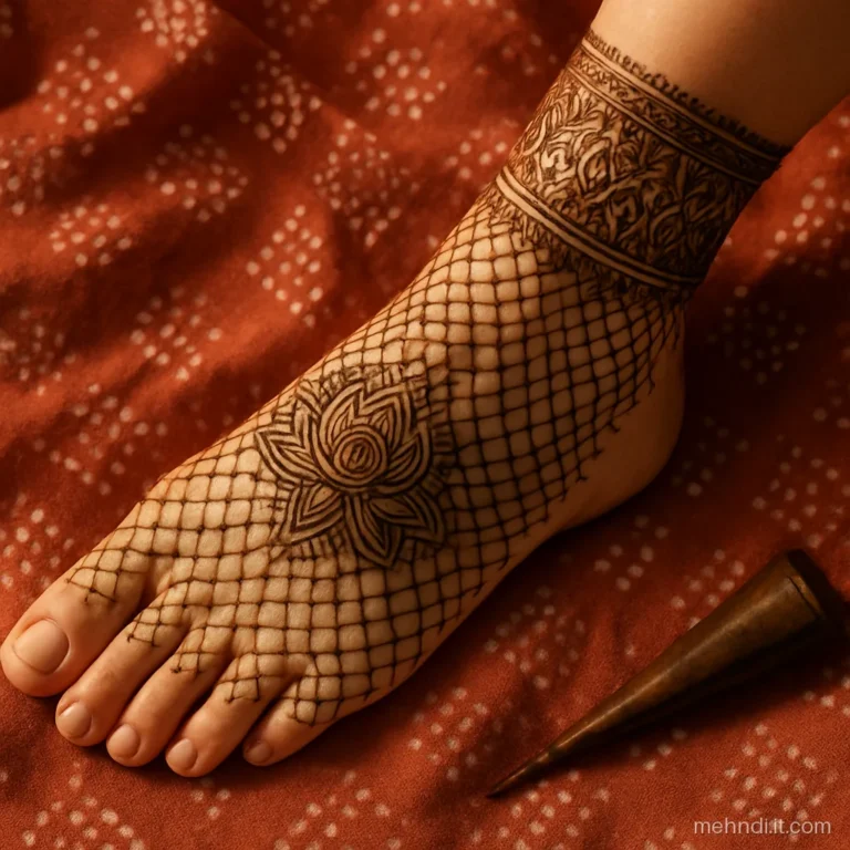 Fine net covering a bride's foot with a big lotus on the instep
