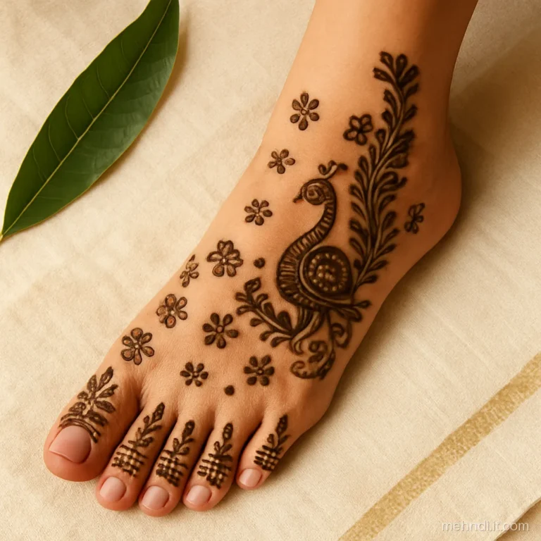 Peacock on a bride's instep with tail feathers climbing the leg
