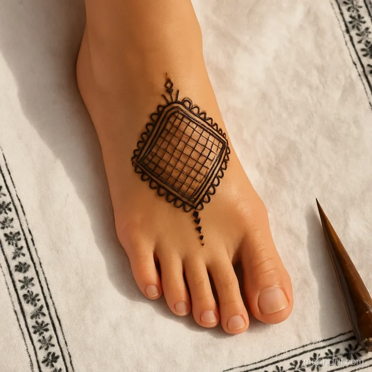Diamond shaped patch of fine henna net on top of a foot
