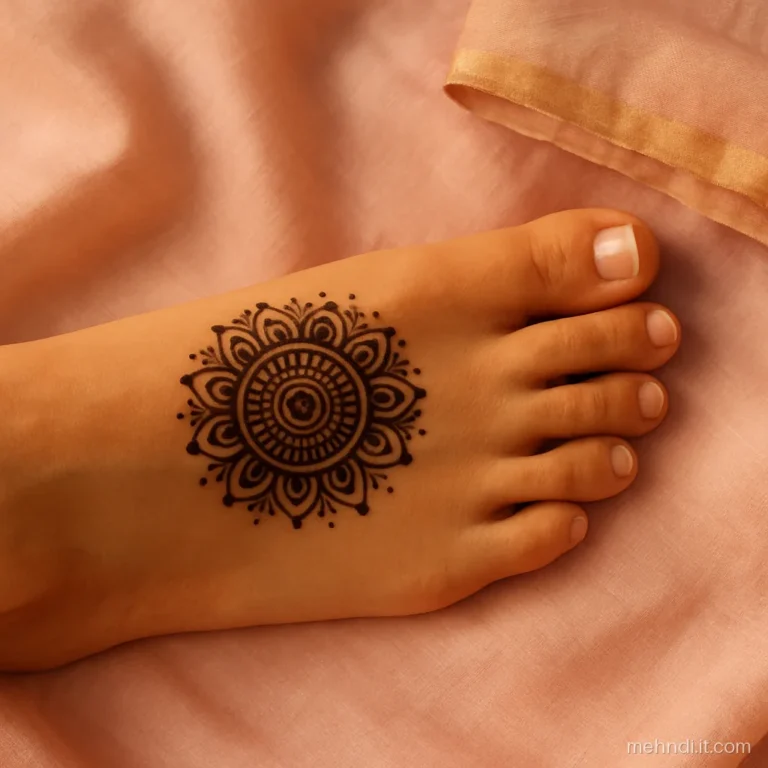 Round three ring mandala centred on the top of a woman's foot