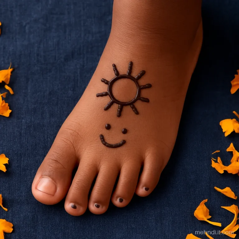 Round sun with short rays and dotted smile on a child's foot