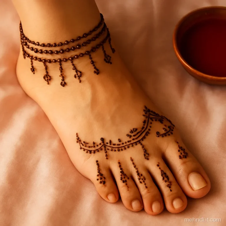Payal of linked dot rows with hanging dot clusters on an ankle