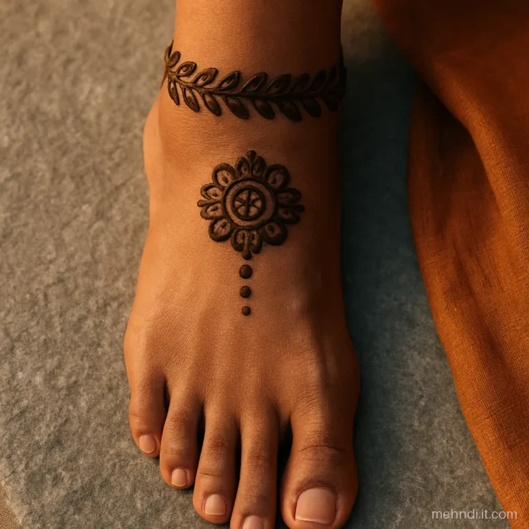 Leaf payal around an ankle with a round flower at the front
