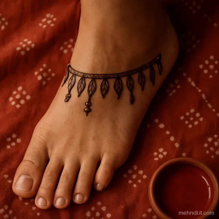 Mango leaf toran hanging just above the sole edge of a foot