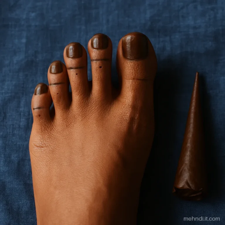 Five toe tips capped with solid henna and a dot below each