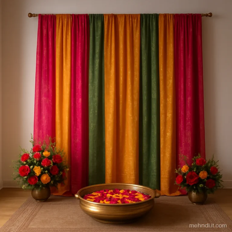 Backdrop of vertical dupatta panels in pink, green and mustard