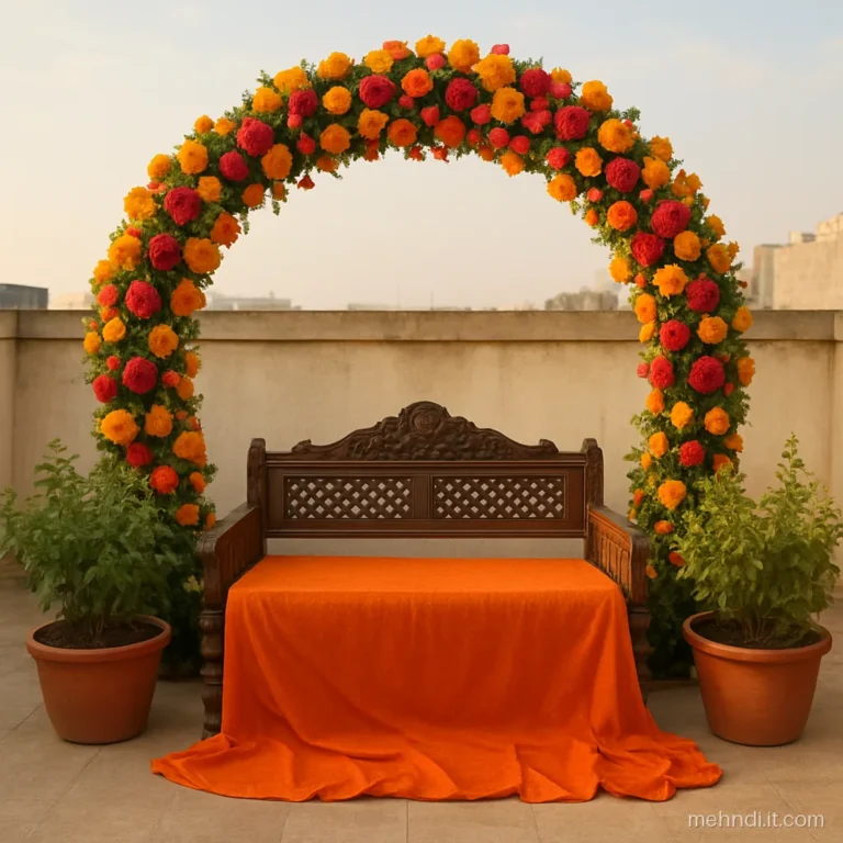 Arch of fresh roses and marigolds behind a low seat on a terrace