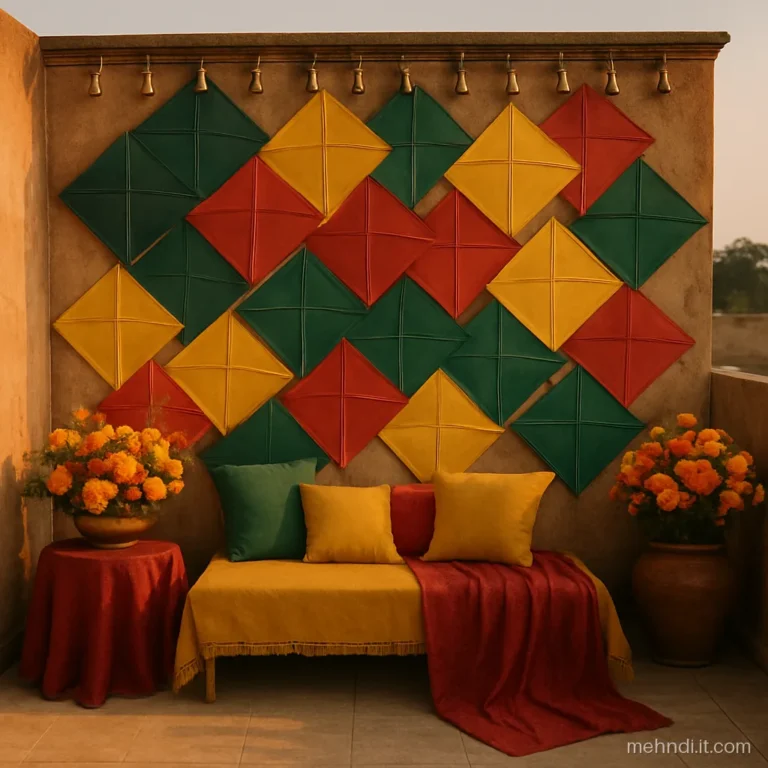 Wall covered with colourful paper kites as a mehndi photo backdrop