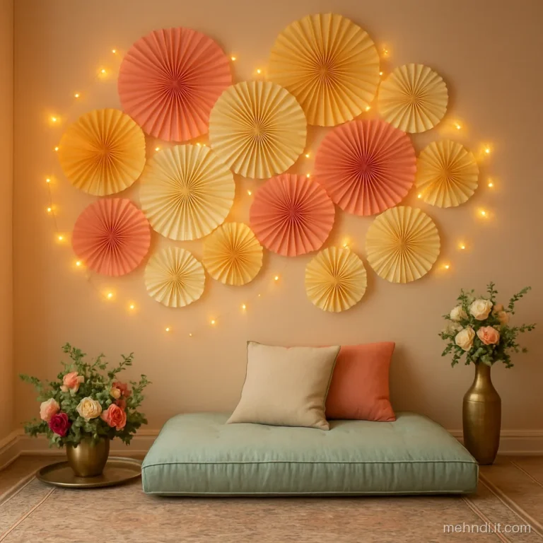 Wall backdrop of pleated paper fans in yellow and magenta