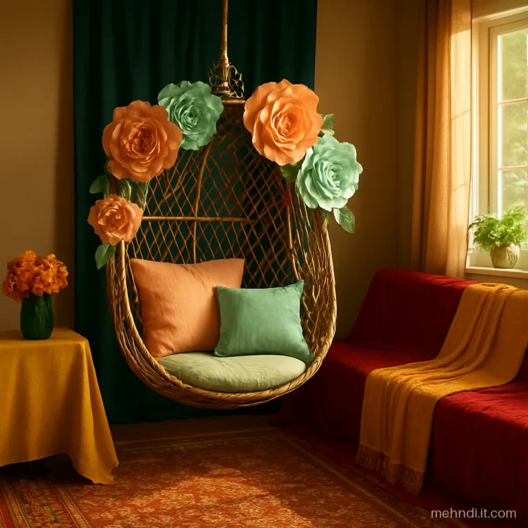 Hanging cane swing chair with pastel cushions and paper flowers indoors