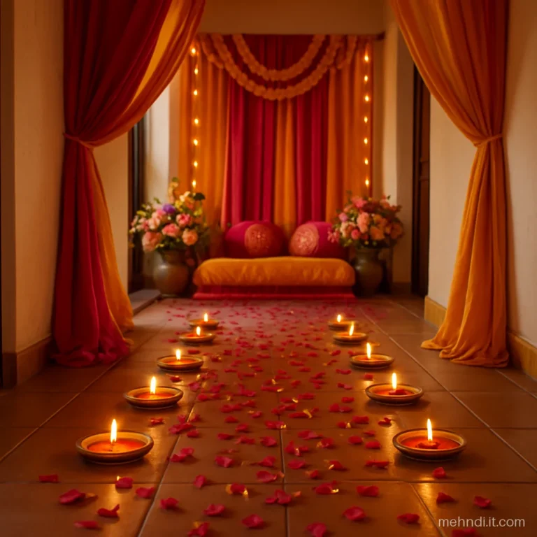 Path of clay diyas leading to the mehndi seating in the evening