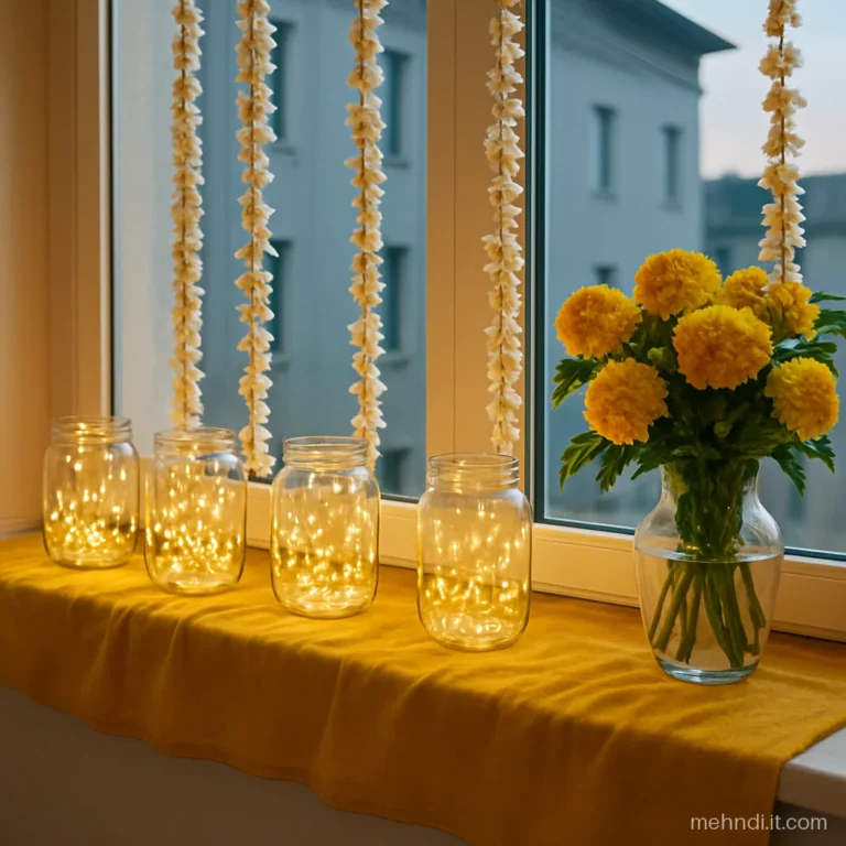 Fairy lights glowing inside glass jars along a window ledge