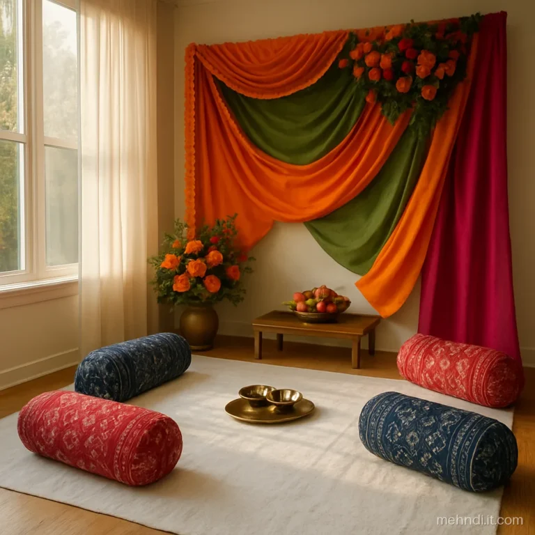 Floor seating of gaddas and round bolsters with block printed covers