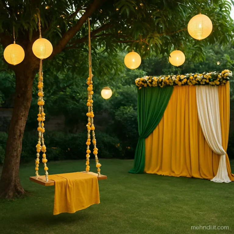 Garden swing under a tree with hanging lanterns and flower strings