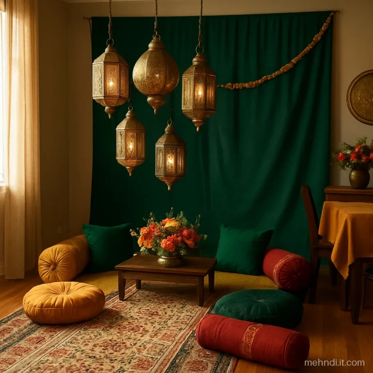 Cluster of brass and paper lanterns hanging low over floor seating