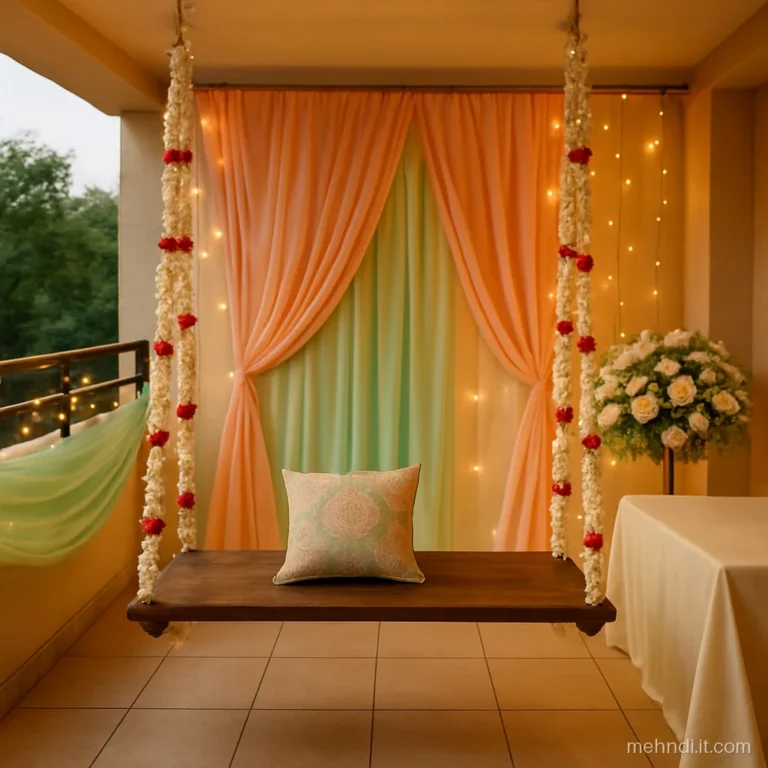 Wooden swing wrapped with jasmine and rose strings on a balcony