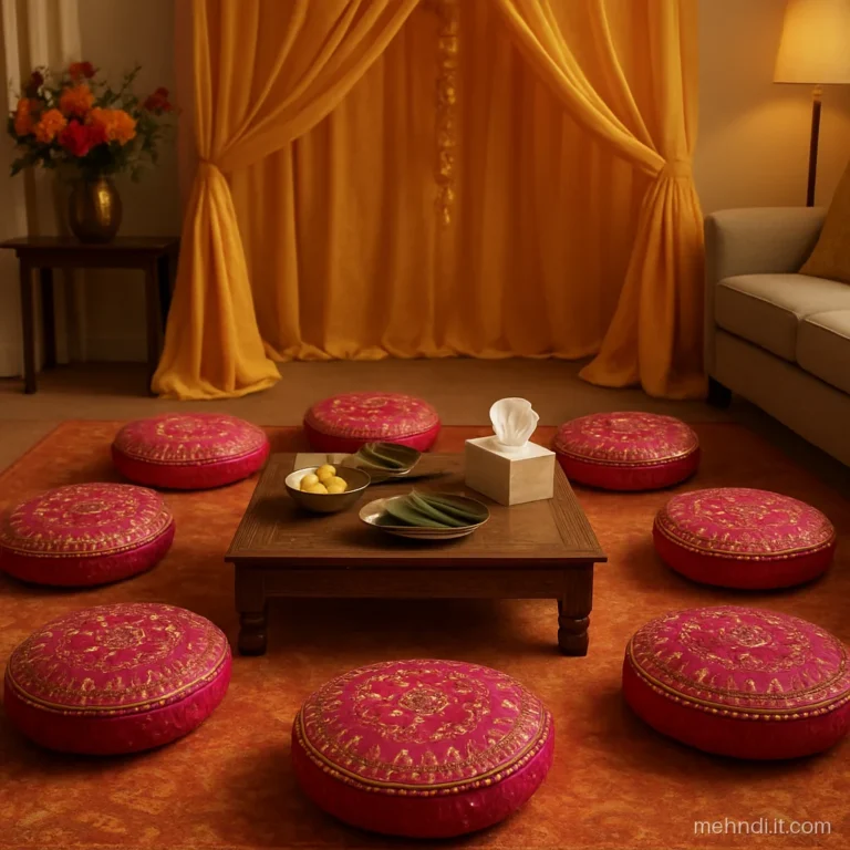 Circle of mirror work cushions around a low wooden chowki with henna cones