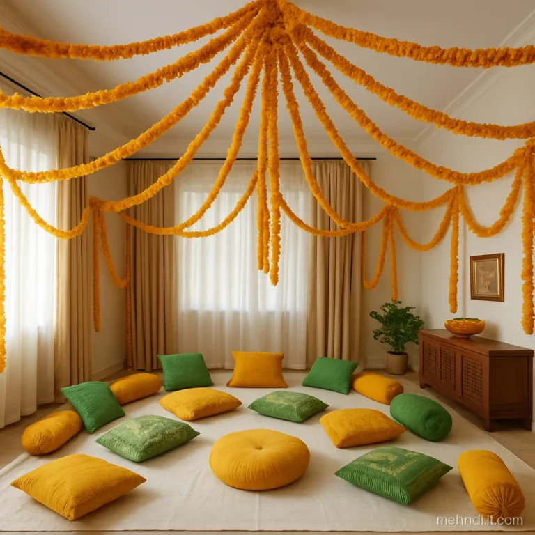 Living room ceiling with marigold strings draped from the centre into a soft canopy
