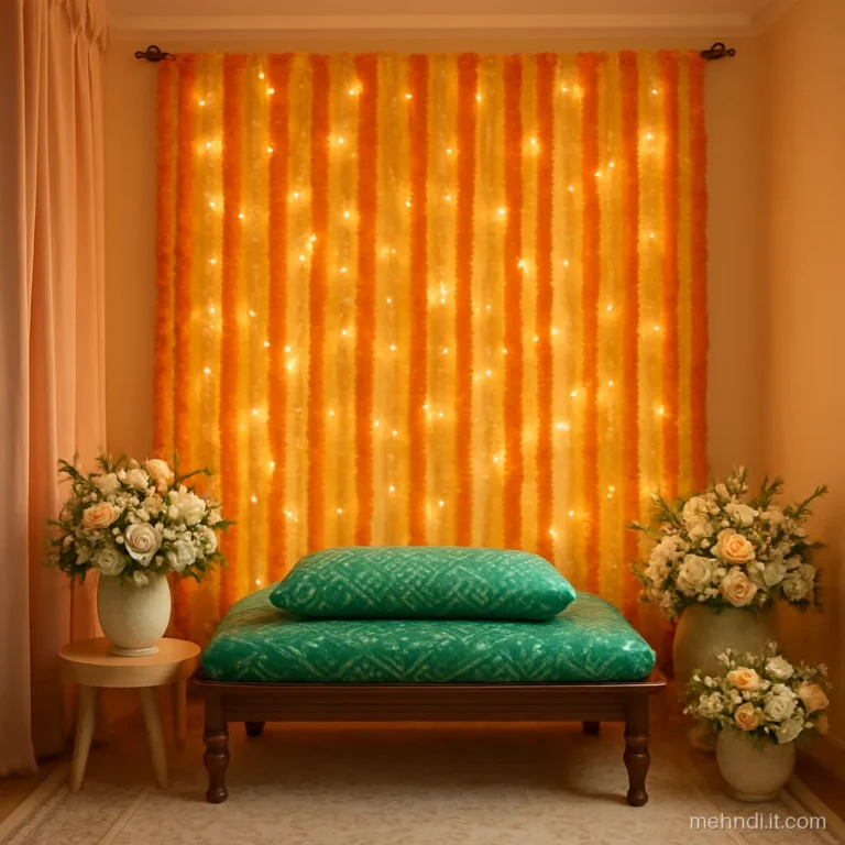 Wall of hanging marigold strings forming a curtain behind a low seat