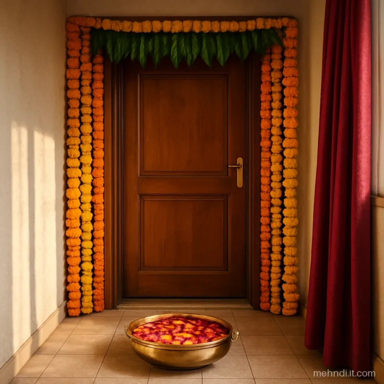Front door framed with marigold strings and a mango leaf toran for mehndi