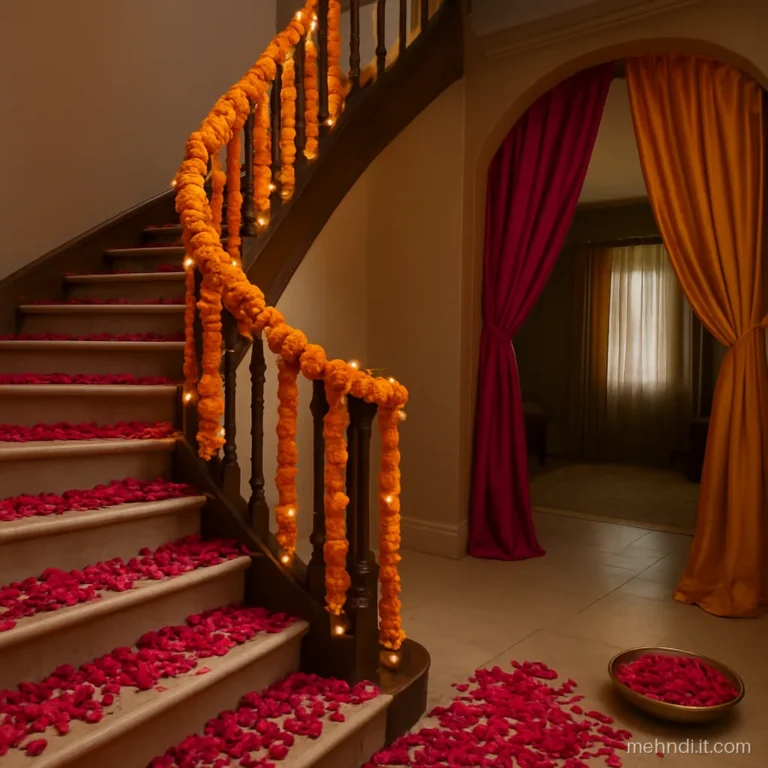 Staircase railing wrapped with marigold strings and small brass bells