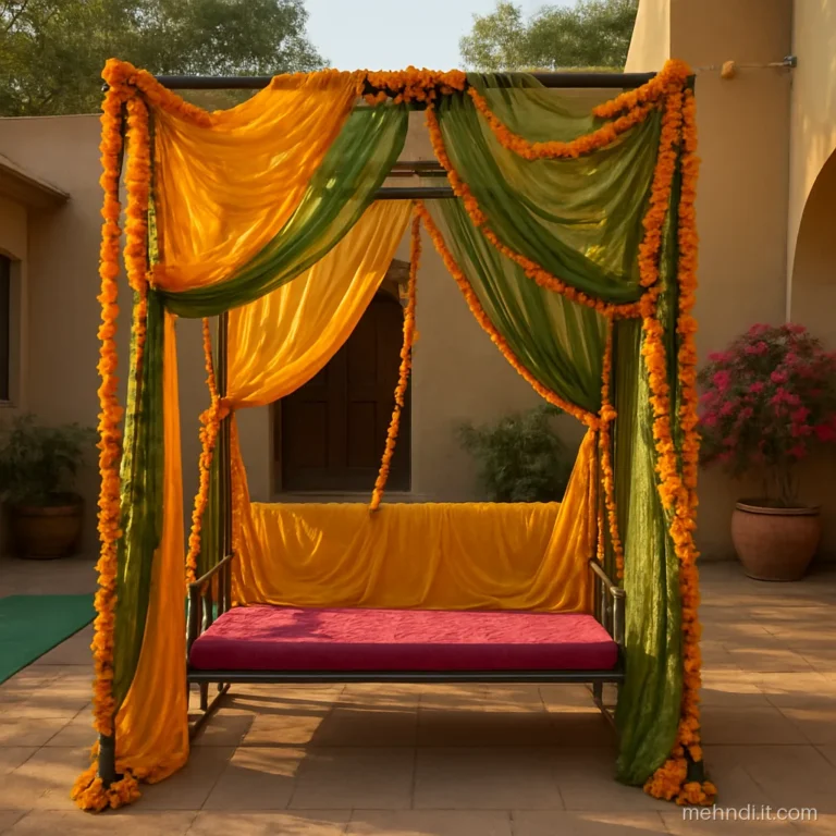 Swing frame draped with layered yellow and green dupattas and marigolds