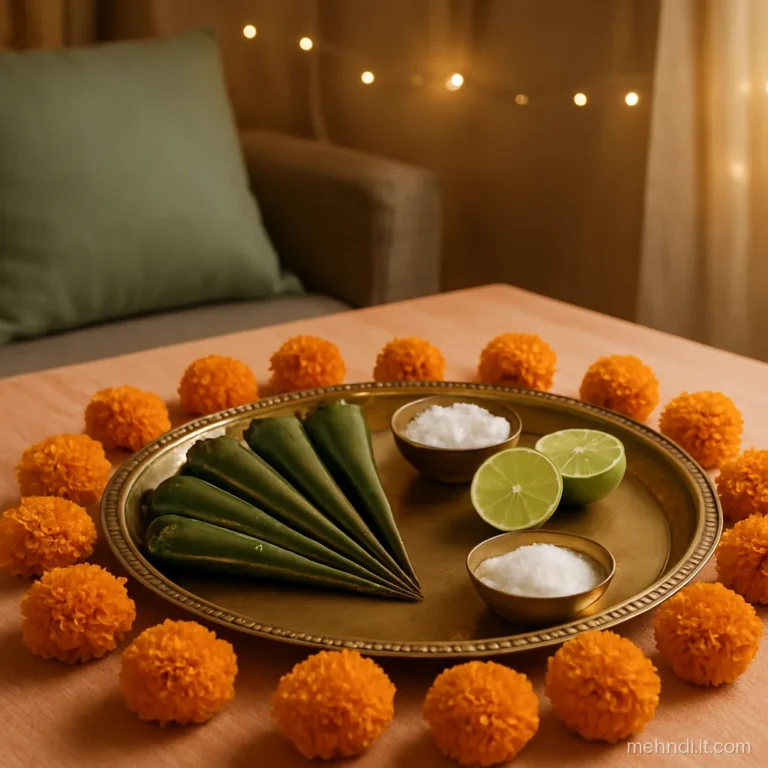 Brass thali with henna cones, flowers, lemons and small bowls