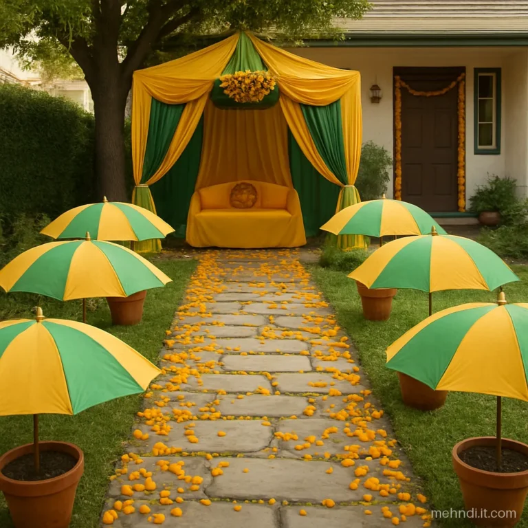 Garden path lined with open umbrellas standing in terracotta pots