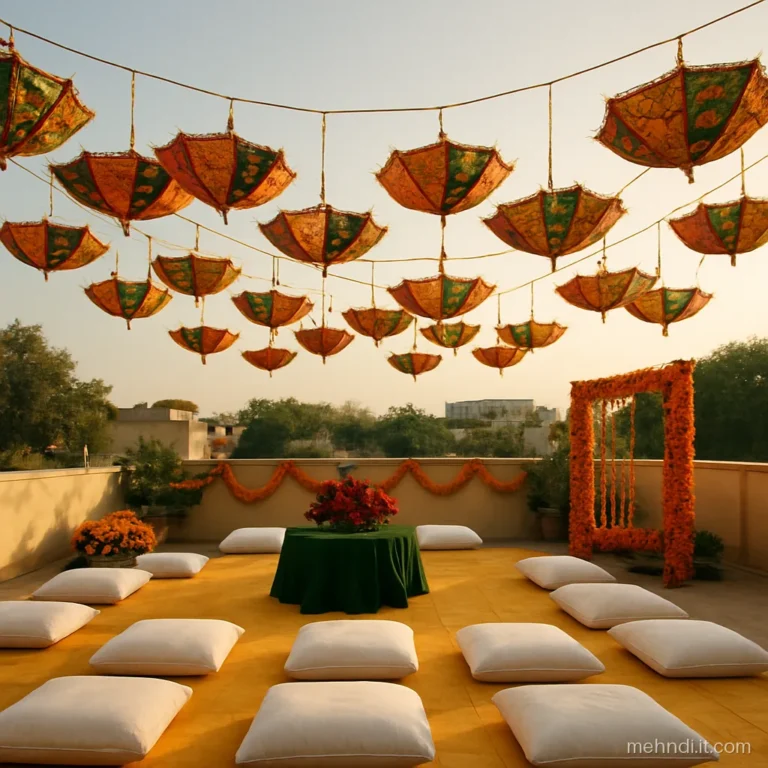 Terrace with colourful embroidered umbrellas hanging upside down overhead