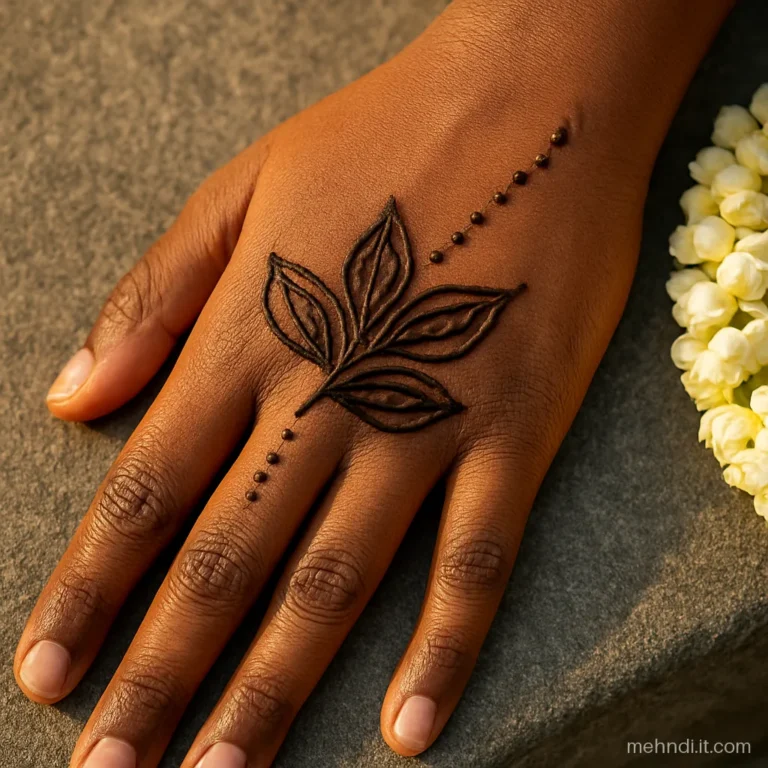 Fan of five bold double outline leaves on the side of a hand