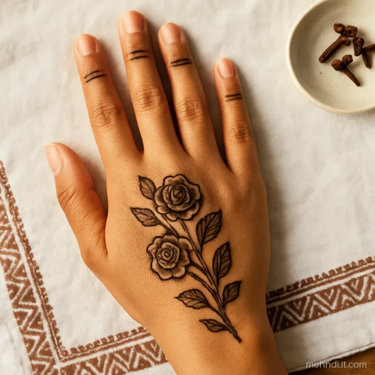 Slanting trail of two shaded roses with paired leaves on a back hand