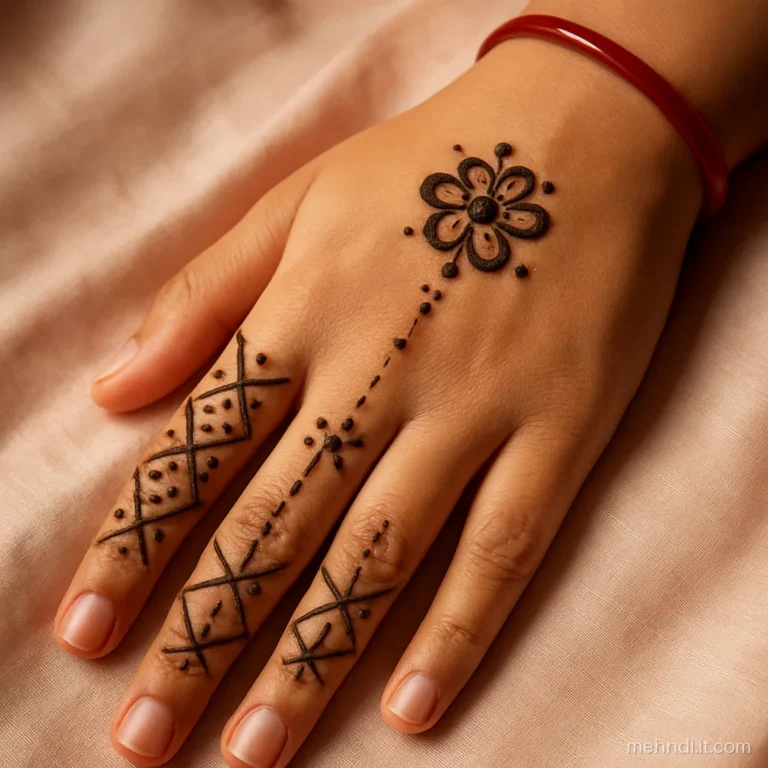 Criss cross lines on each finger with one small flower