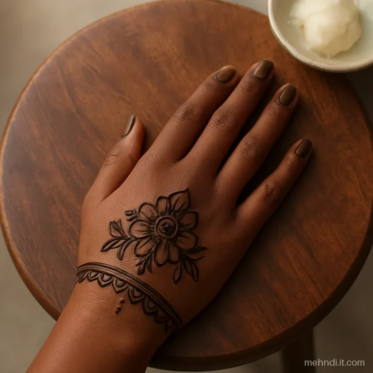 Floral cuff at the wrist and capped fingertips on a back hand