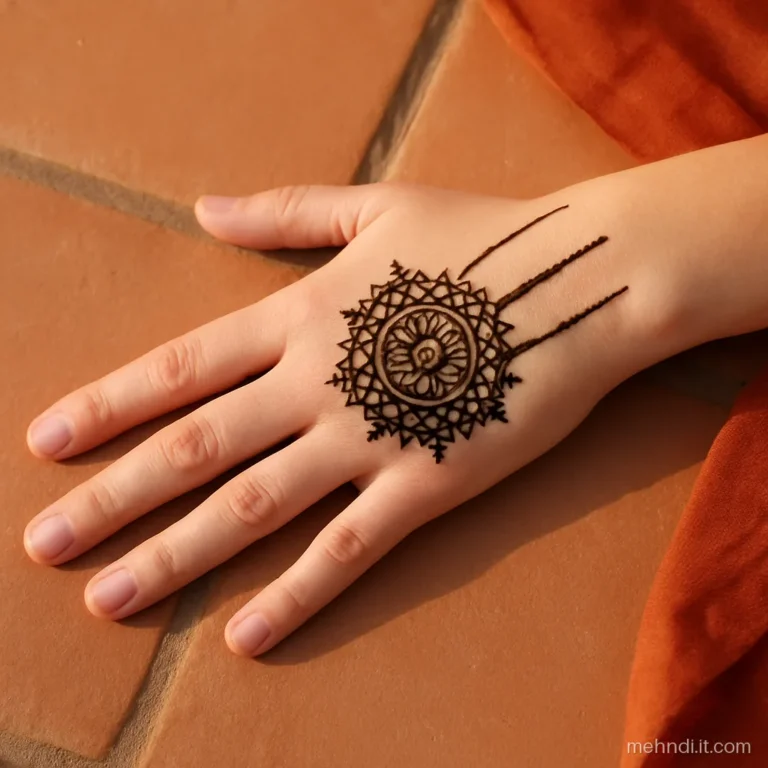 Round mandala on the back of a hand with three finger trails