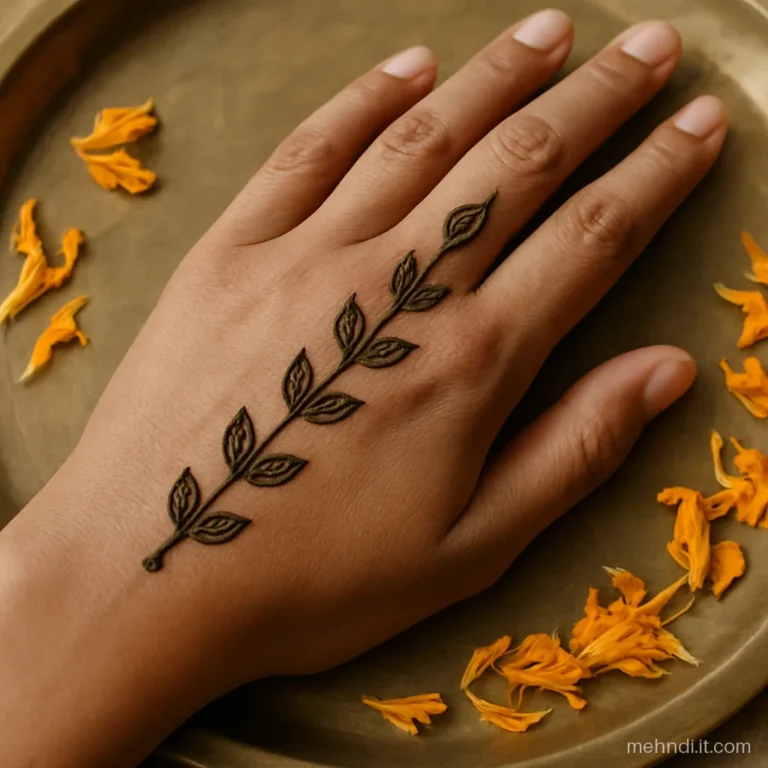 Chain of seven small leaves from wrist to middle finger