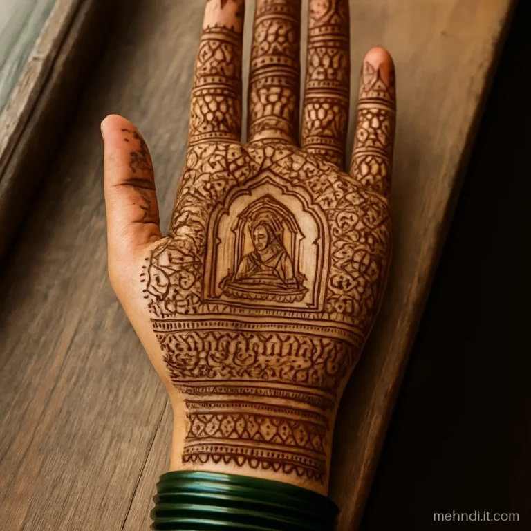 Bride figure framed by an arch with dense filling on a palm