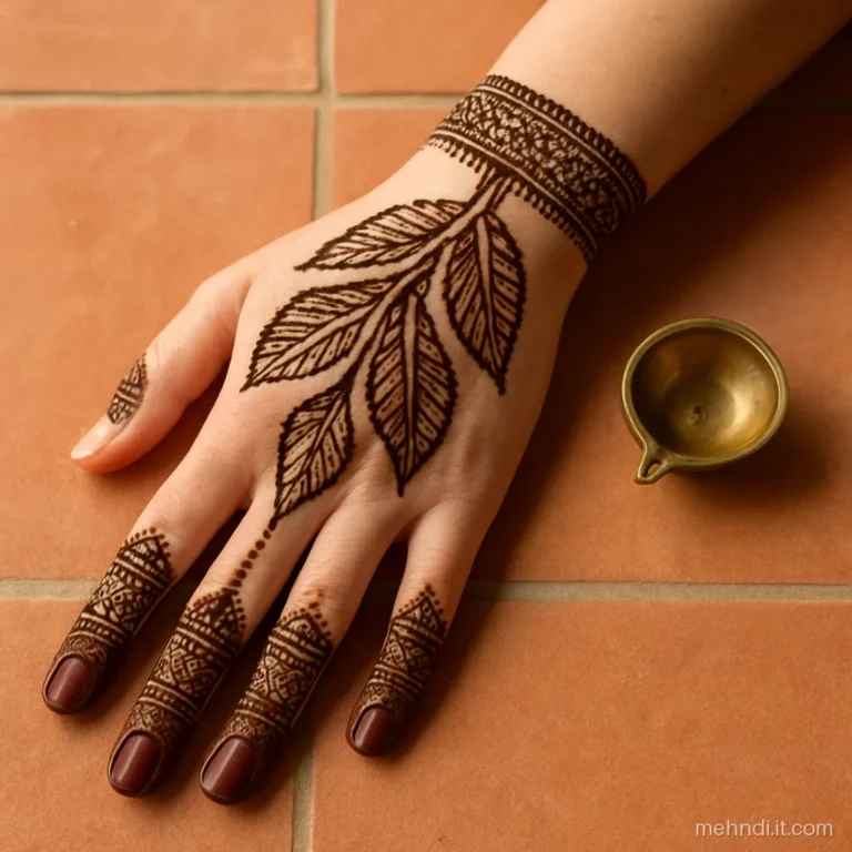 Dense bridal back hand with large bare leaf shapes cut out