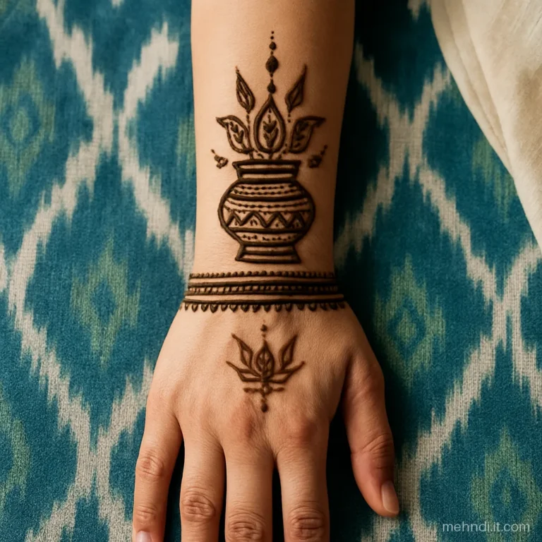 Two peacocks facing a kalash on a bridal palm with forearm bands