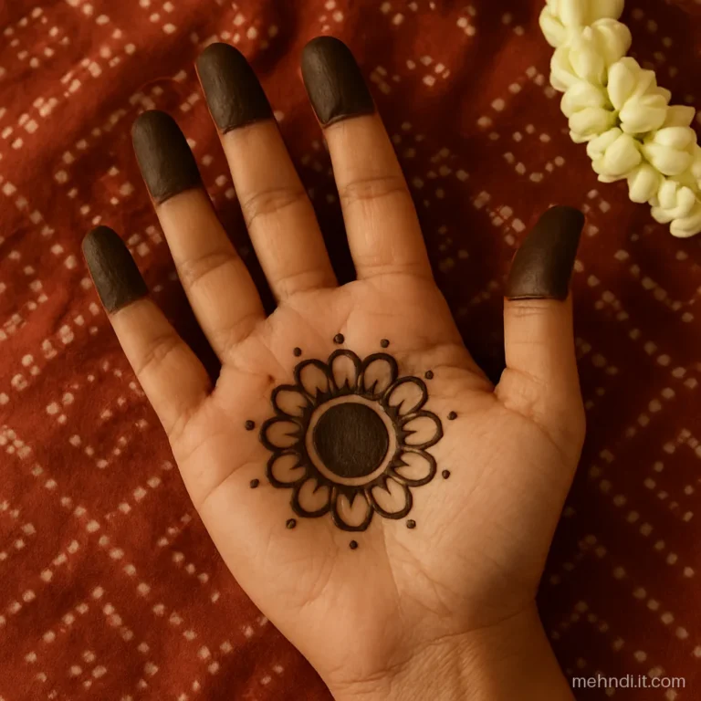 Round solid tikki with a petal ring in the centre of a palm