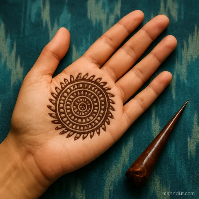Round dot ring mandala with a leaf border on a woman's palm
