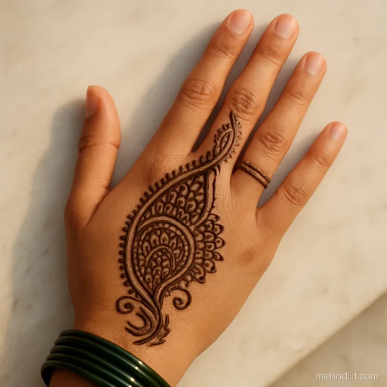 Large paisley curving from wrist to index finger on a palm