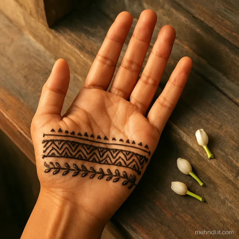 Three thin bands of dots, zigzag and leaves across a palm